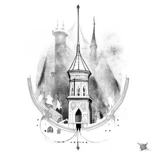 bell tower of a medieval building resembling Hogwarts Tower  tattoo design idea
