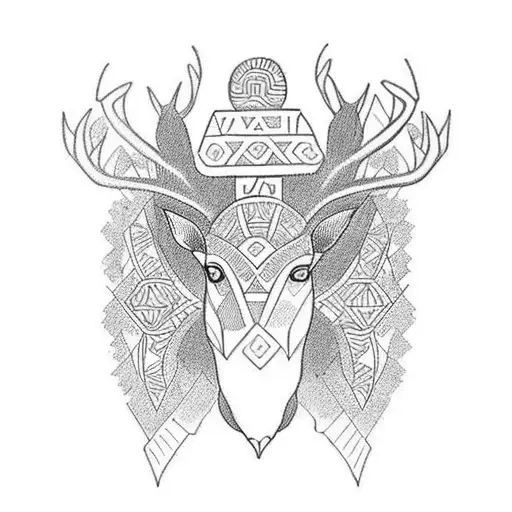 A blackwork tattoo of a Taino tribe symbol with a deer and duck incorporated into the design tattoo design idea