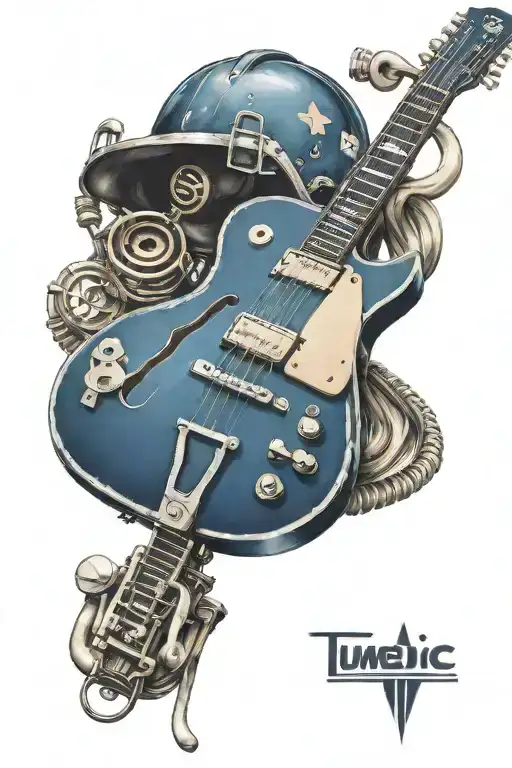 Dark blue accoustic guitar with medic helmet hanging from the tuners tattoo design idea