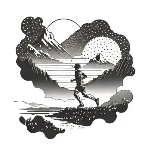 An athlete running towards the horizon, with mountains and a sunset in the background tattoo design idea