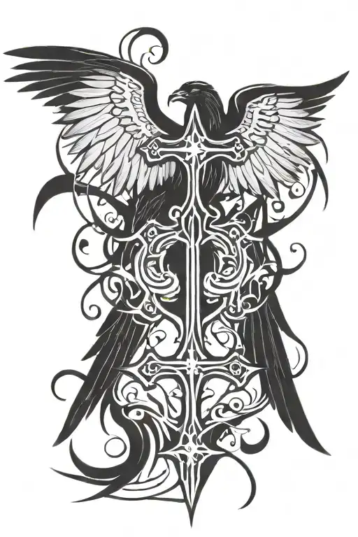 cross and angel wings with raven perched tattoo design idea