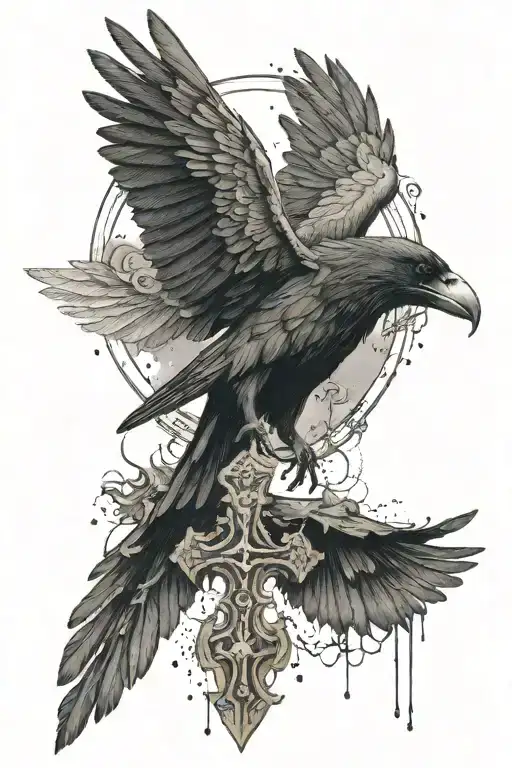 cross with wings and raven. cross says "Oakley Raven Rain" tattoo design idea