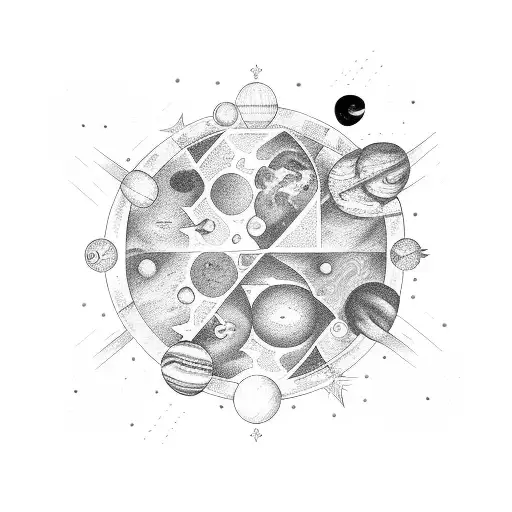 A space-themed puzzle with planets and stars tattoo design idea