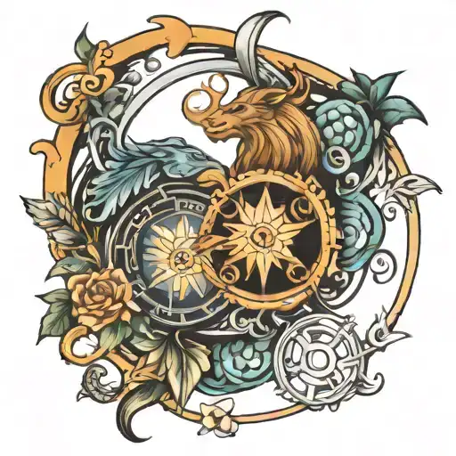 Symbol of zodiac sign gemini incorporated together with symbols representing following sayings and proverbs: Everything  tattoo design idea