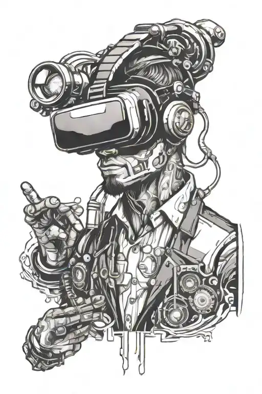 bio mechanical well dressed professional wearing a virtual reality headset. Add text "Horizon is the bet" tattoo design idea