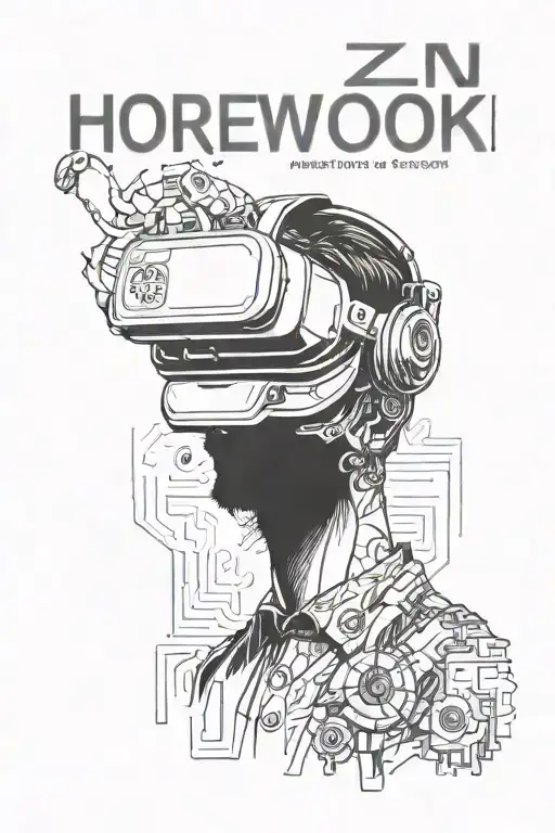 bio mechanical well dressed professional wearing a virtual reality headset, text saying "Horizon is the bet" tattoo design idea