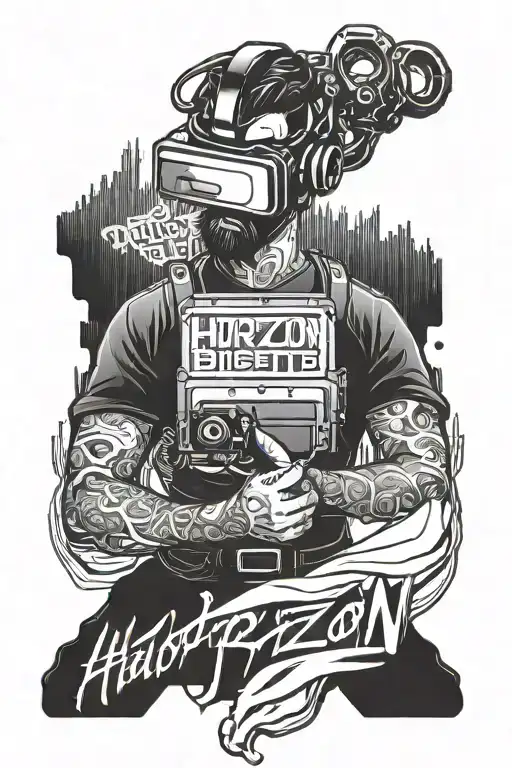 bio mechanical well dressed professional wearing a virtual reality headset, text saying "Horizon is the bet" tattoo design idea