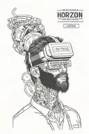 bio mechanical well dressed professional wearing a virtual reality headset, text saying "Horizon is the bet" tattoo design idea
