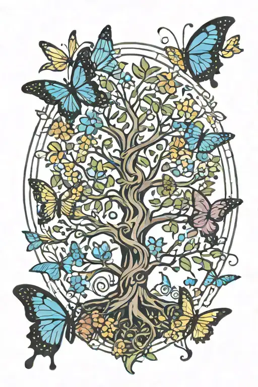 tree of life surrounded by butterflies fluttering tattoo design idea