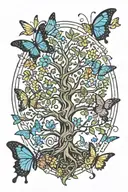 tree of life surrounded by butterflies fluttering tattoo design idea