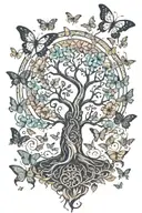 tree of life surrounded by butterflies fluttering tattoo design idea