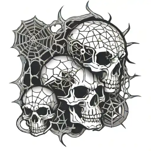 skulls, spider webs, chains and spiders, with a skull turning into a spider tattoo design idea