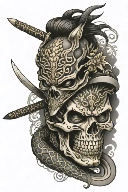 addition to a japanese samurai skull with a dragon coiled around it on left upper arm and shoulder area tattoo design idea