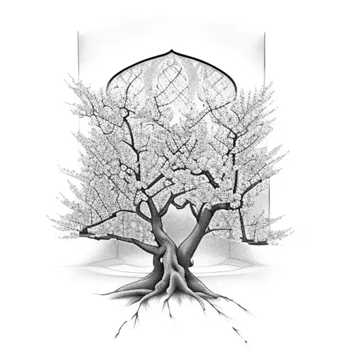 a cherry blossom branch covering a gothic window tattoo design idea