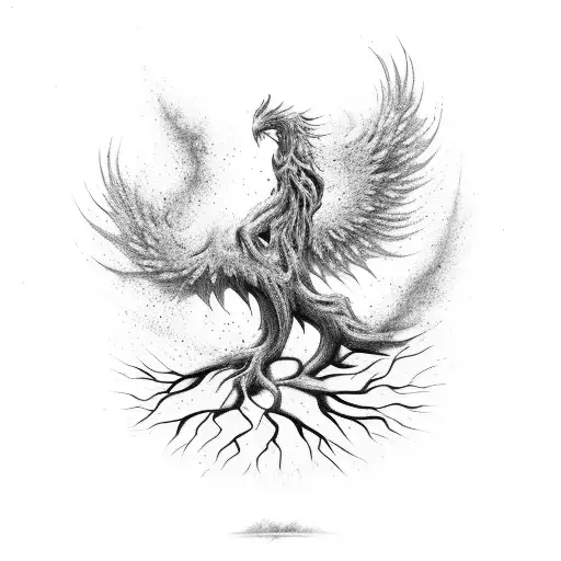 tree with roots in hell and top in heaven with a body of a phoenix risen from the ashes tattoo design idea