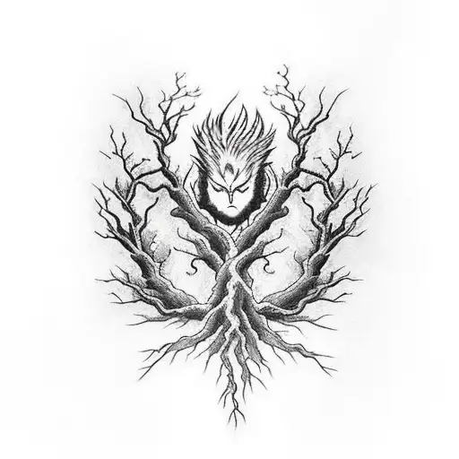 tree with roots in hell and top in heaven with a body of a phoenix risen from the ashes tattoo design idea