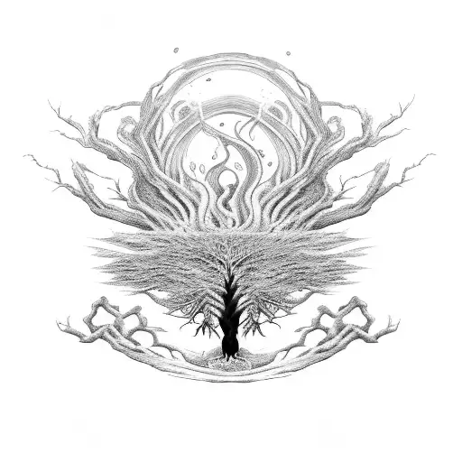 tree with roots in hell and top in heaven with a body of a phoenix risen from the ashes tattoo design idea