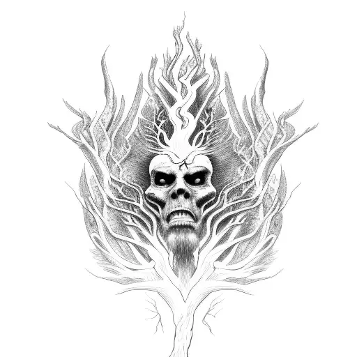 tree with roots in hell and top in heaven with a body of a phoenix risen from the ashes tattoo design idea