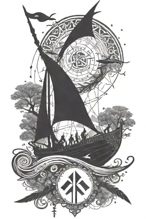 Scandinavia, runes, Valkyrie, longship, sea, forest, halberd tattoo design idea