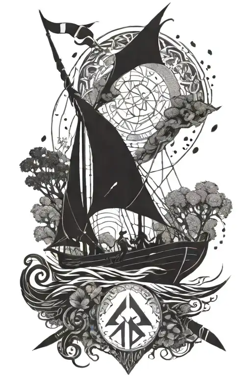 Scandinavia, runes, Valkyrie, longship, sea, forest, halberd tattoo design idea