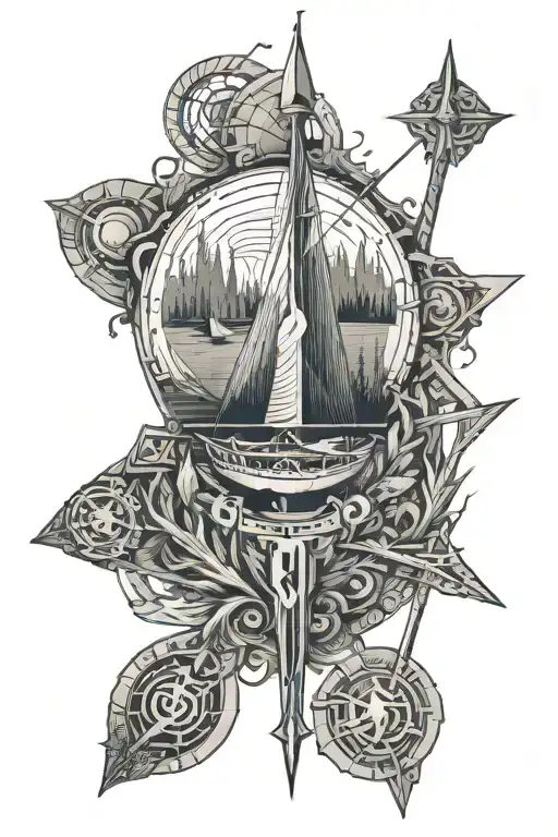 Scandinavia, runes, Valkyrie, longship, sea, forest, halberd tattoo design idea