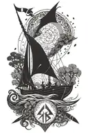 Scandinavia, runes, Valkyrie, longship, sea, forest, halberd tattoo design idea