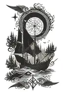 Scandinavia, runes, Valkyrie, longship, sea, forest, halberd tattoo design idea