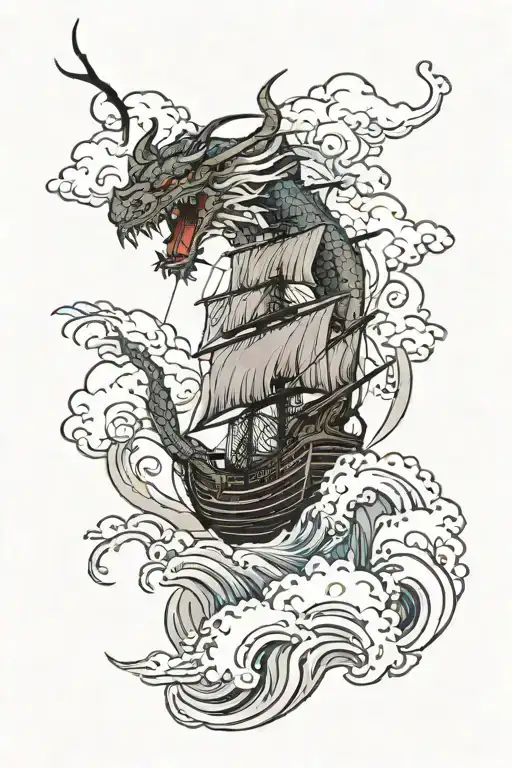 ship sailing through a storm, up a tree, into the clouds with a dragon  tattoo design idea