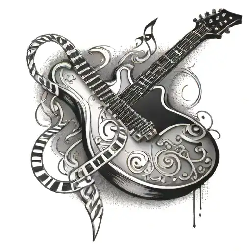 A DNA double helix intertwined with a guitar neck and music notes tattoo design idea
