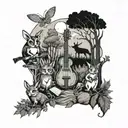 A forest scene with animals playing musical instruments inspired by Pearl Jam tattoo design idea