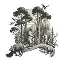 A forest scene with animals playing musical instruments inspired by Pearl Jam tattoo design idea