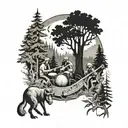 A forest scene with animals playing musical instruments inspired by Pearl Jam tattoo design idea