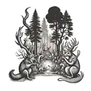 A forest scene with animals playing musical instruments inspired by Pearl Jam tattoo design idea