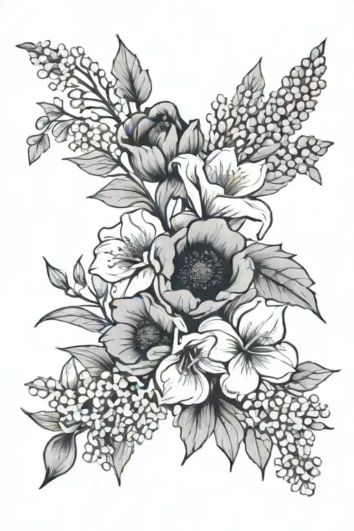 A minimalist tattoo design featuring the birth flowers of poppy, gladiolus, violet, lily of the valley, holly, and aster tattoo design idea