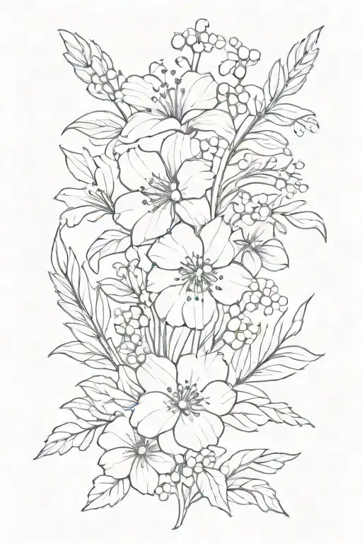 A minimalist tattoo design featuring the birth flowers of poppy, gladiolus, violet, lily of the valley, holly, and aster tattoo design idea