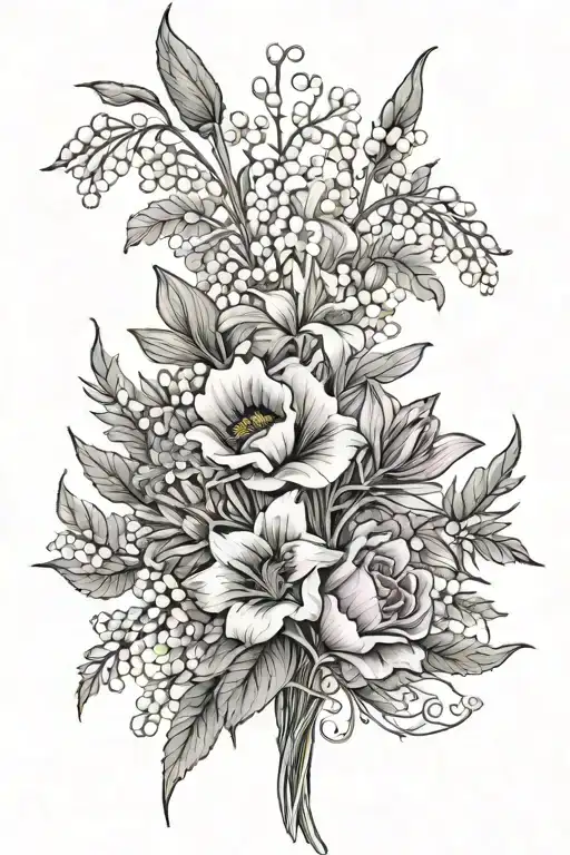 A whimsical bouquet of birth flowers (poppy, gladiolus, violet, lily of the valley, holly, aster) with each flower symbolizing a different milestone or memory shared with the client's children tattoo design idea