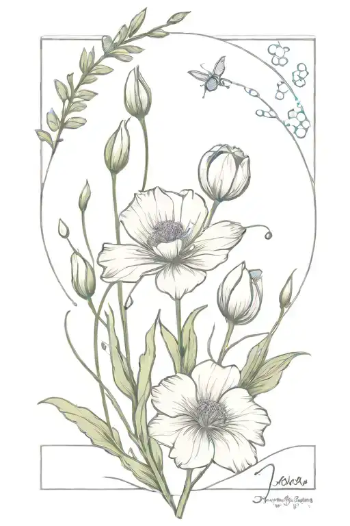 A whimsical bouquet of birth flowers (poppy, gladiolus, violet, lily of the valley, holly, aster) with each flower symbolizing a different milestone or memory shared with the client's children tattoo design idea