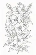 A minimalist tattoo design featuring the birth flowers of poppy, gladiolus, violet, lily of the valley, holly, and aster tattoo design idea