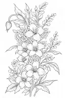 A minimalist tattoo design featuring the birth flowers of poppy, gladiolus, violet, lily of the valley, holly, and aster tattoo design idea