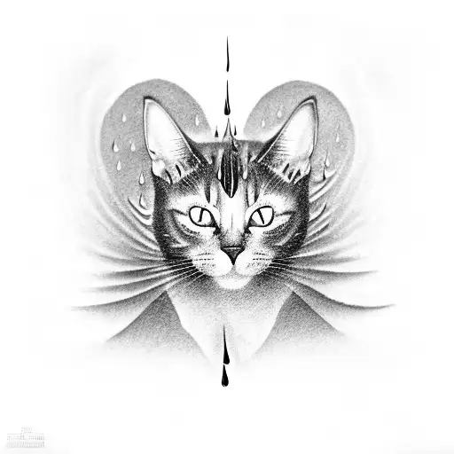 A black and grey tattoo of a cat's silhouette with rain falling around it, symbolizing solitude and tranquility tattoo design idea
