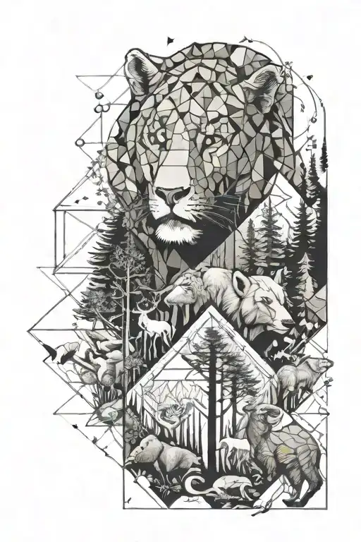 forest and animals in geometry tattoo design idea