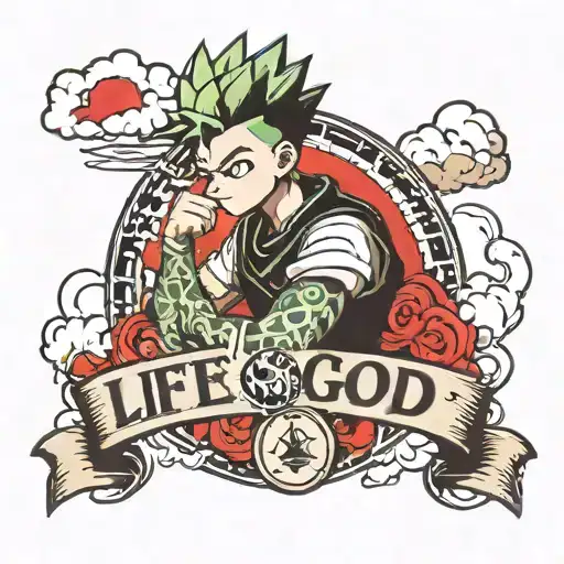 Gon from hunterxhunter with a background of clouds and red details and with a phrase that says Life is good on the wrist tattoo design idea
