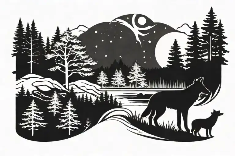 Nature scene silhouette featuring wolf, pine tree, river, moon tattoo design idea