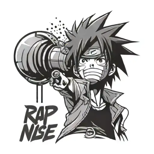 A tattoo design combining elements of rap music and anime, featuring a microphone and a character from Naruto or One Piece tattoo design idea