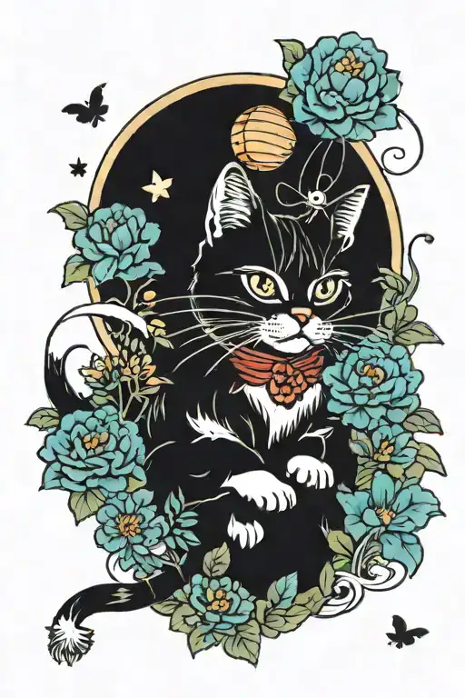 cat flying ballon of flowers tattoo design idea