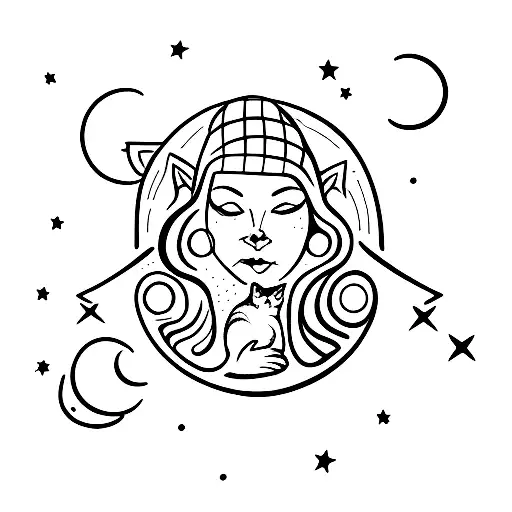 woman holding a cat, with four points stars and a moon in the background, outline only tattoo design idea