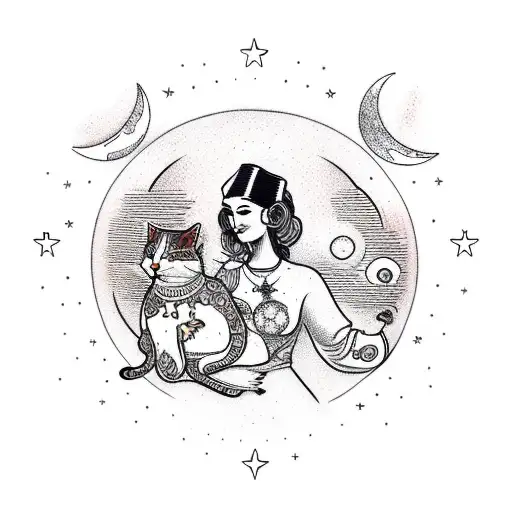 Neo traditional style, woman carrying a cat, with four points stars and a moon in the background, outline only tattoo design idea