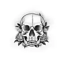 Dagger going through a skull with dead roses a gravesite and somebody sitting beside the gravesite tattoo design idea