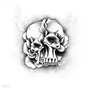 Dagger going through a skull with dead roses a gravesite and somebody sitting beside the gravesite tattoo design idea