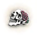 Dagger going through a skull with dead roses a gravesite and somebody sitting beside the gravesite tattoo design idea
